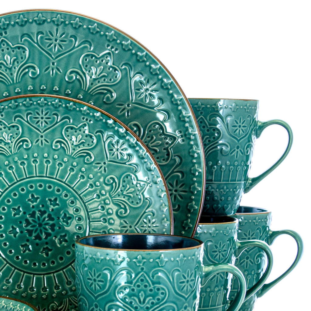 Elama Sea Foam Mozaic 16-Piece Round Stoneware Dinnerware Set – Sea Green with Embossed Mandala Texture, Service for 4