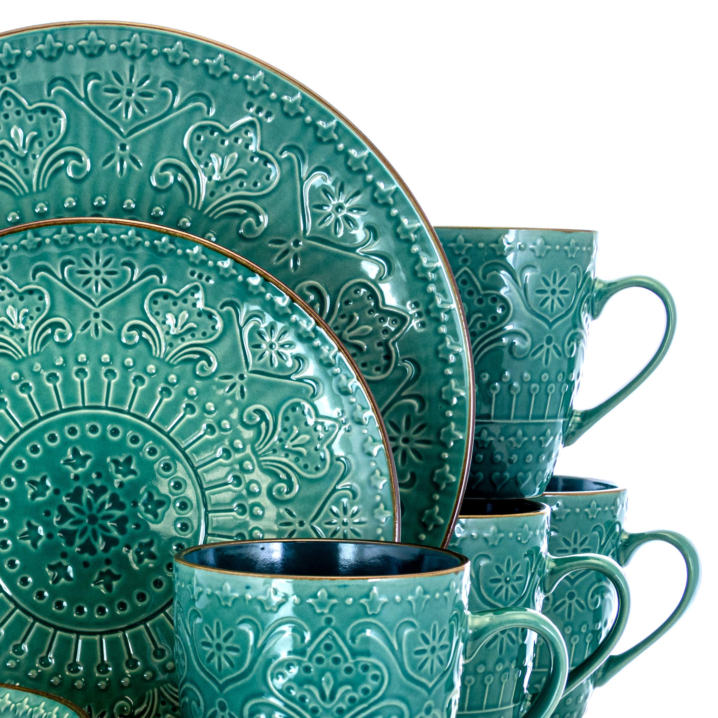 Elama Sea Foam Mozaic 16-Piece Round Stoneware Dinnerware Set – Sea Green with Embossed Mandala Texture, Service for 4