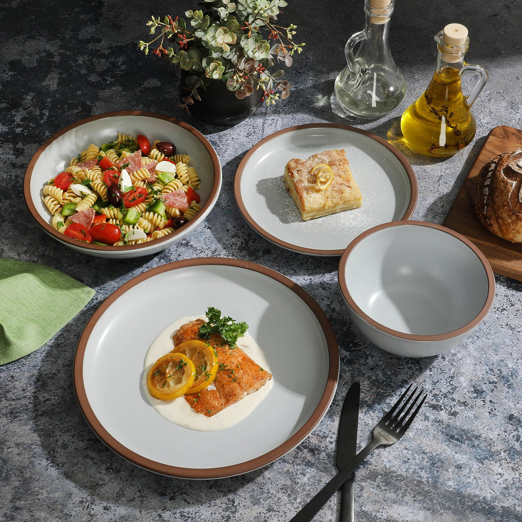 Gibson Elite Lagos 16-Piece Coupe Stoneware Dinnerware Set – Light Grey Matte Service for 4