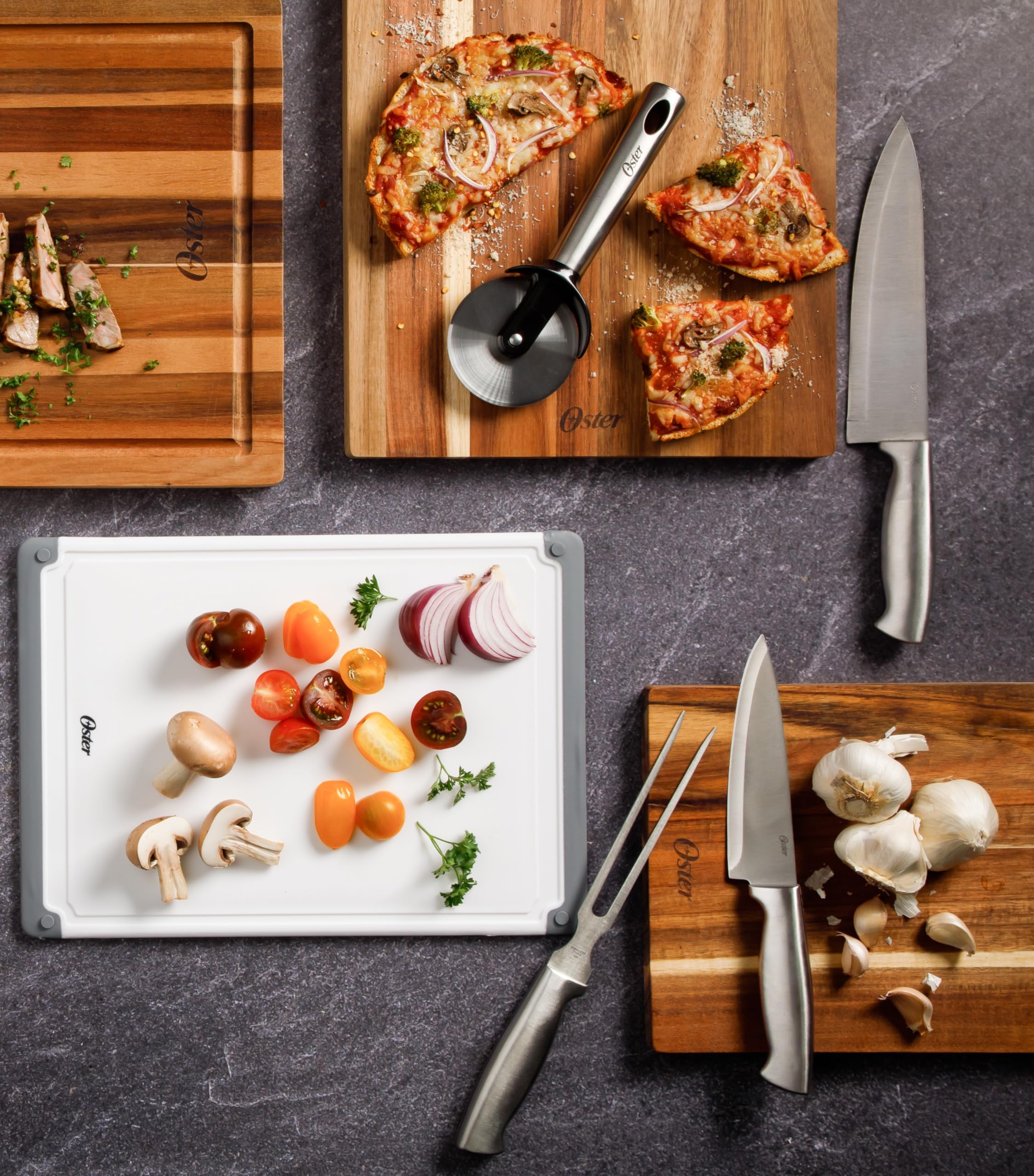 Oster Baldwyn 14-Piece Stainless Steel Knife Cutlery Set – Brushed Satin Finish with Swivel Block & Built-In Sharpener