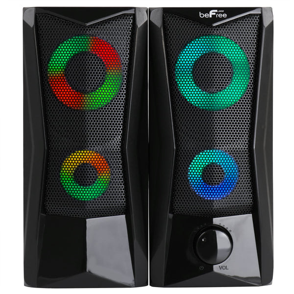 beFree Sound BFS-201 2.0 USB Computer Gaming Speakers with Color RGB LED Lights, Black, Wired 3.5 mm, Dual 2.5 in Drivers