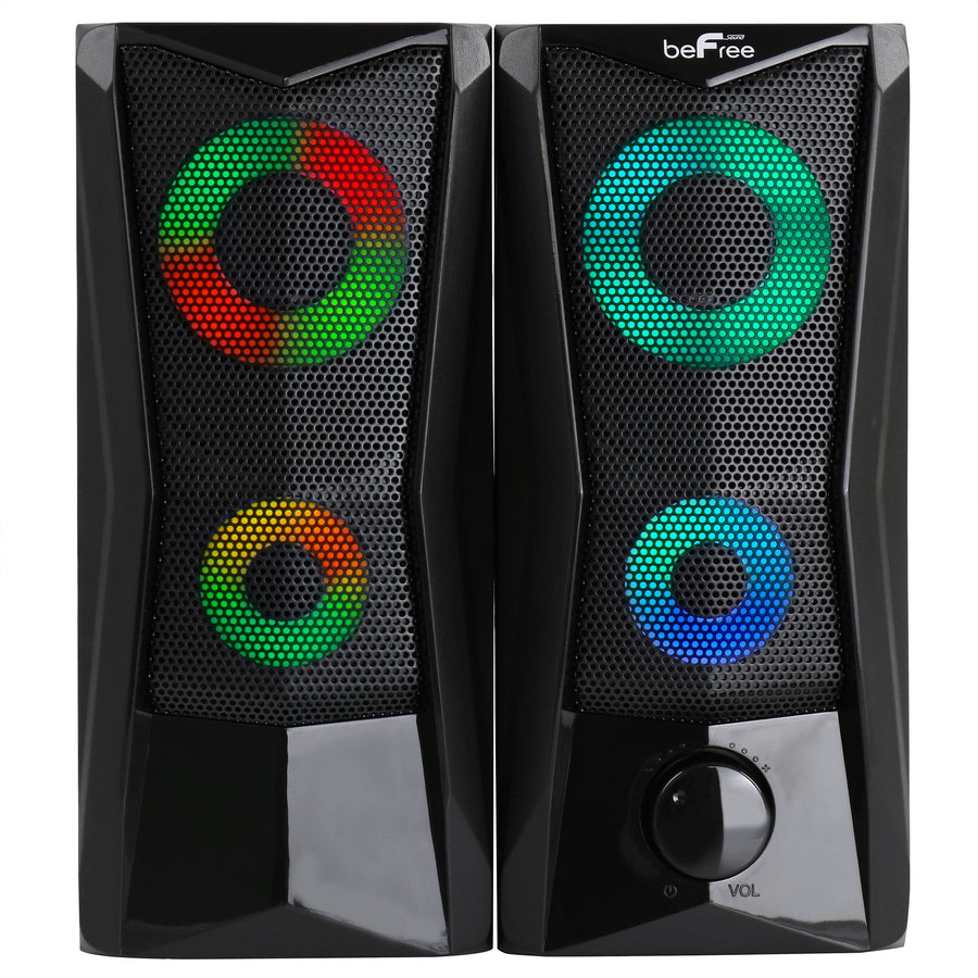 beFree Sound BFS-201 2.0 USB Computer Gaming Speakers with Color RGB LED Lights, Black, Wired 3.5 mm, Dual 2.5 in Drivers