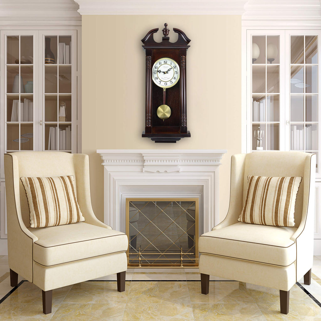 Bedford Clock Collection Classic 27.5" Cherry Oak Chiming Wall Clock with Swinging Pendulum – Quartz Westminster Chimes & Metal Dial