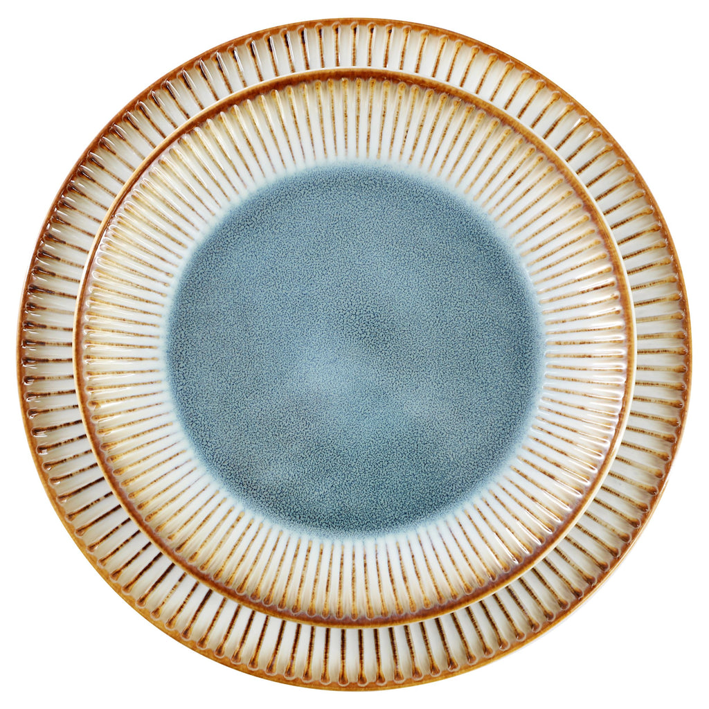 Elama Louann 16-Piece Stoneware Dinnerware Set – Textured Blue & Beige Color-Rim Place Settings, Service for 4