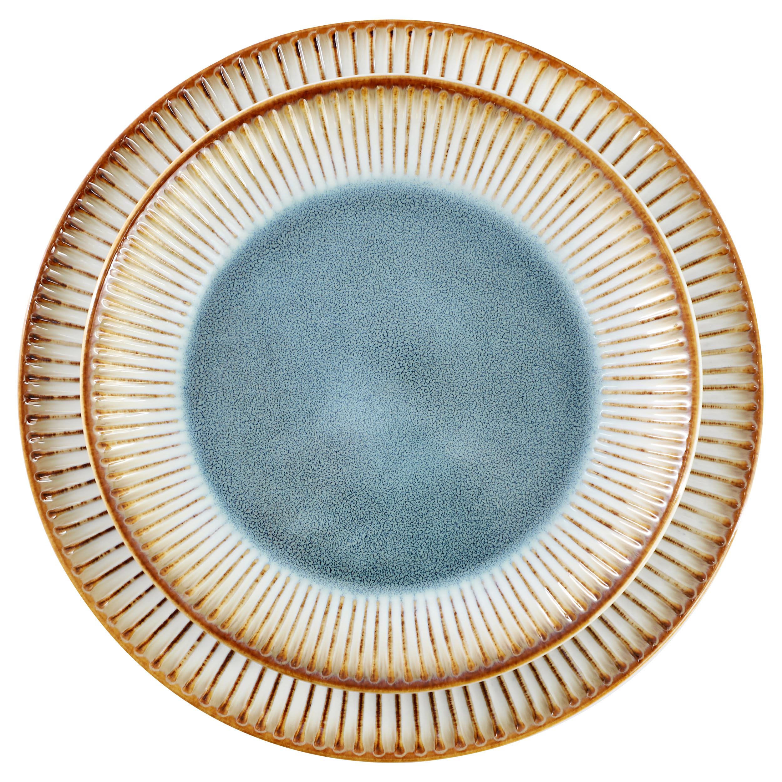 Elama Louann 16-Piece Stoneware Dinnerware Set – Textured Blue & Beige Color-Rim Place Settings, Service for 4