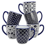 Stoneware Coffee Mug Set of 6, 16 Oz, Assorted Navy Blue and White Designs, by Elama Flyn
