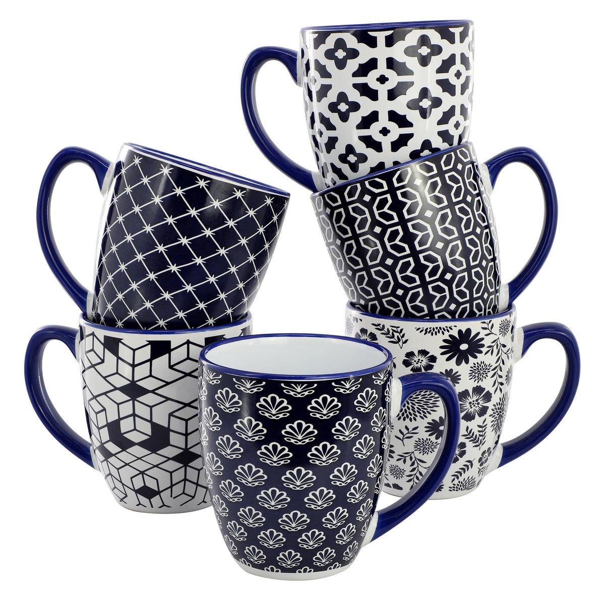Stoneware Coffee Mug Set of 6, 16 Oz, Assorted Navy Blue and White Designs, by Elama Flyn