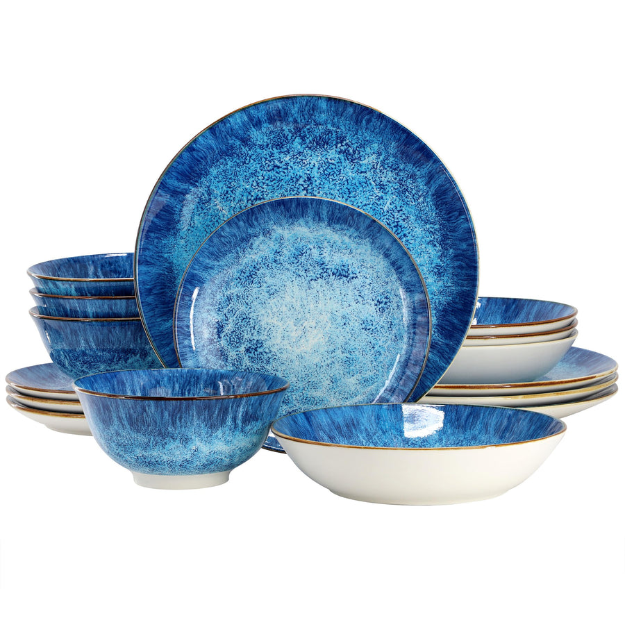 Elama Oceanus 16 Piece Round Porcelain Double Bowl Dinnerware Set in Blue, Service for 4