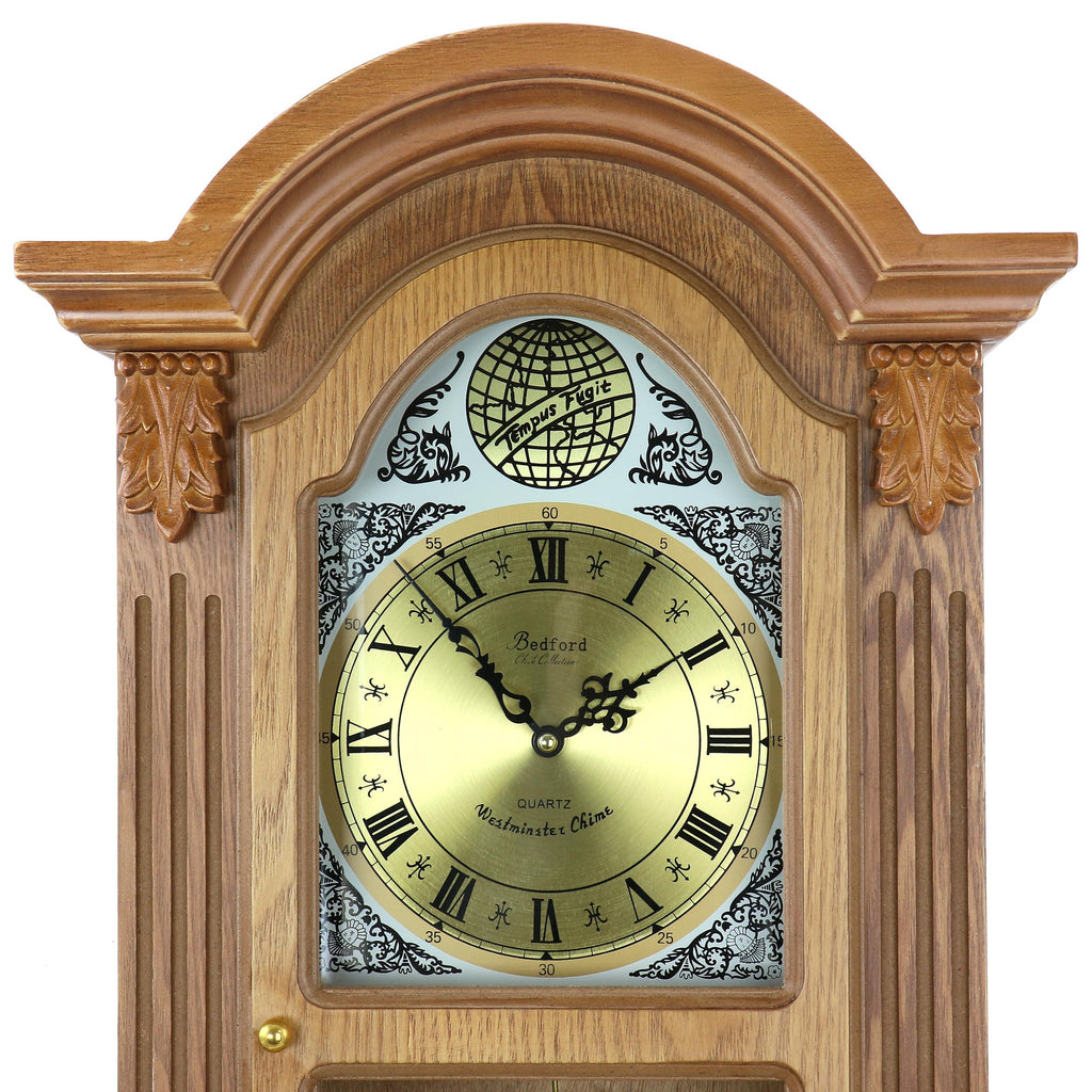 Bedford Clock Collection Honey Oak 29" Chiming Pendulum Wall Clock – Quartz Westminster Chimes, Golden Oak Finish with Roman Numeral Metal Dial