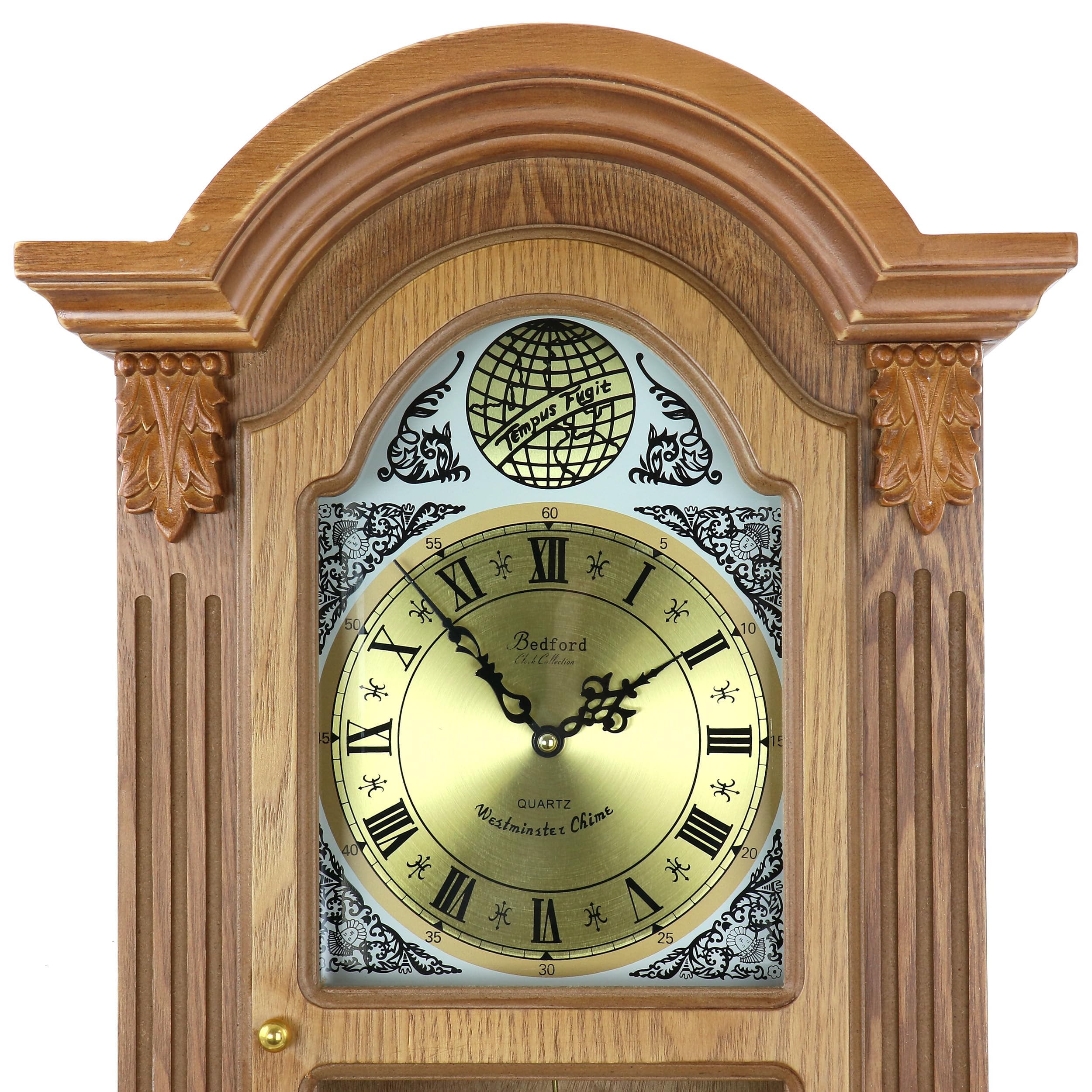 Bedford Clock Collection Honey Oak 29" Chiming Pendulum Wall Clock – Quartz Westminster Chimes, Golden Oak Finish with Roman Numeral Metal Dial