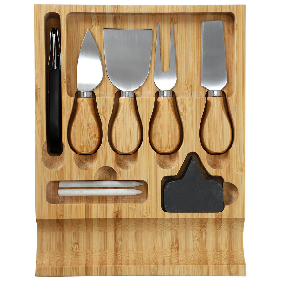Elama Bamboo Charcuterie Cheese Board with Slide-Out Drawer, Cheese Utensils, Bottle Opener and 3-Piece Mini Chalkboard Set