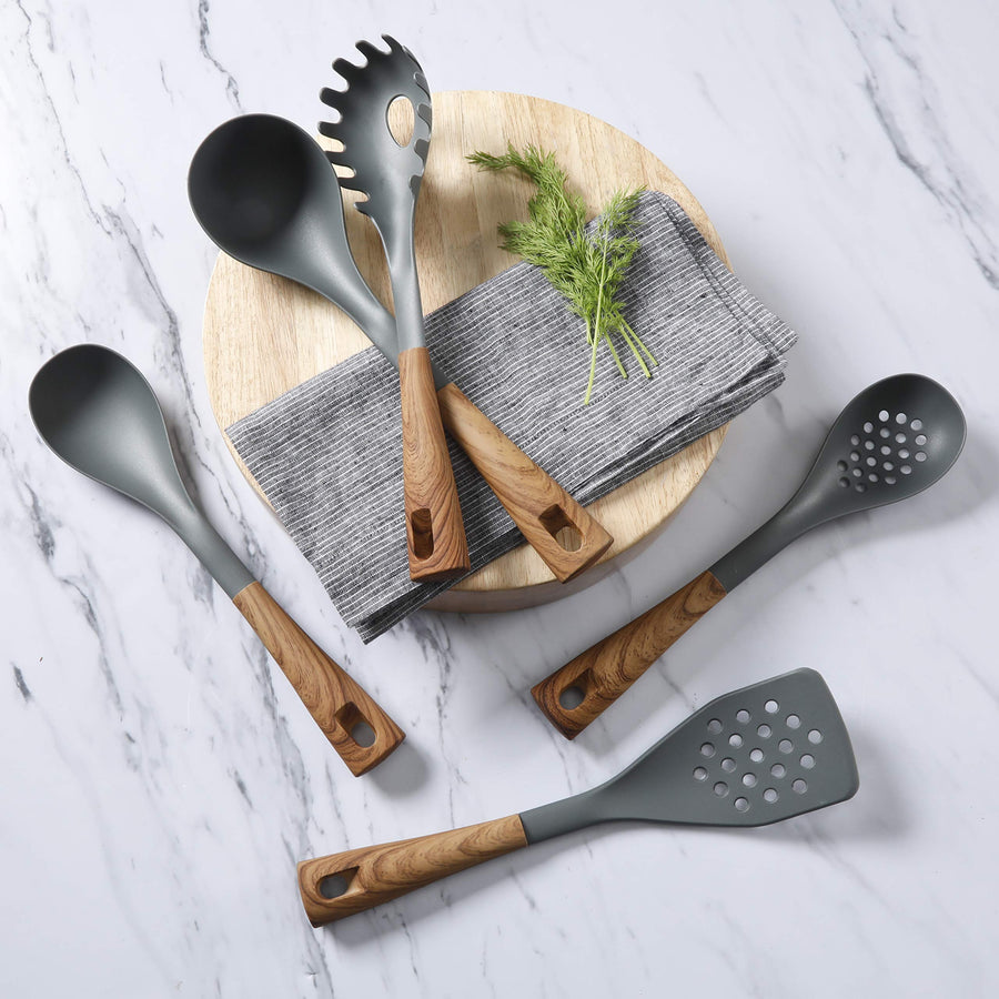 Oster Everwood 5-Piece Nylon Kitchen Tools Set, Grey & Wood