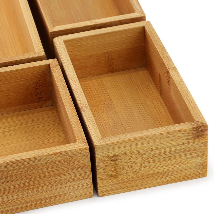 Close up of bamboo organizer tray corners