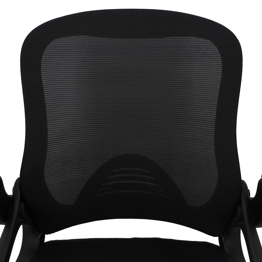 Close-up of the Elama black compact office chair mesh backrest with its built-in lumbar curve