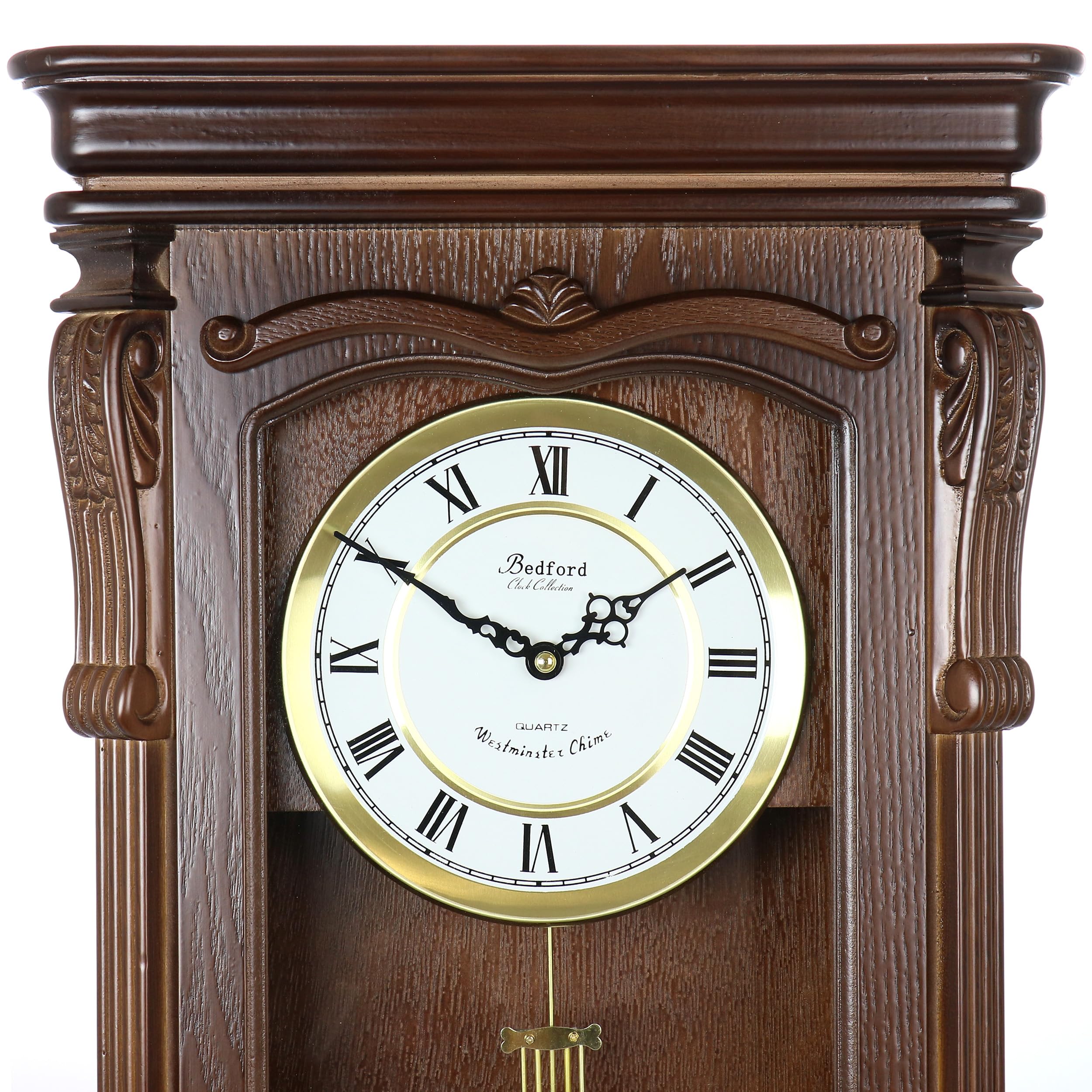 Bedford Clock Collection Chestnut Chiming Pendulum Wall Clock – Quartz Westminster Chimes, Golden Accents with Swinging Pendulum & Metal Dial