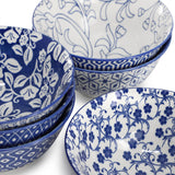 Porcelain Footed Bowl Set of 6, 20 Oz Soup and Cereal Bowls, Assorted Blue and White Designs, Elama Moxy