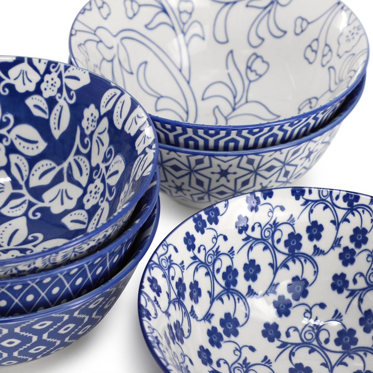 Porcelain Footed Bowl Set of 6, 20 Oz Soup and Cereal Bowls, Assorted Blue and White Designs, Elama Moxy