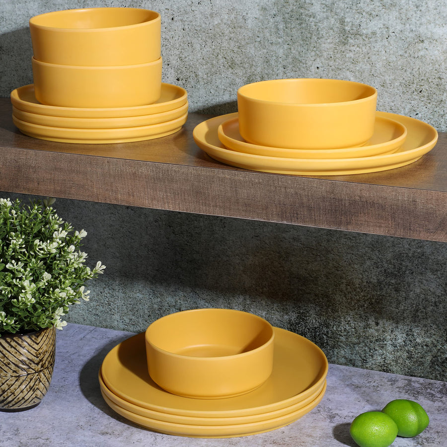 Gibson Home Canyon Crest 12-Piece Stackable Matte Melamine Dinnerware Set, Yellow Gold (Service for 4)