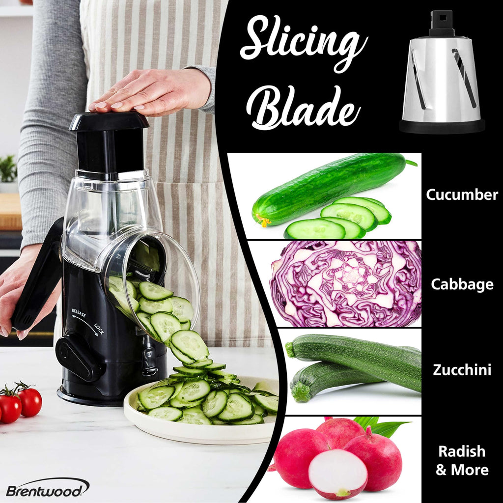 Brentwood KA-5060BK Rotary Cheese Grater & Slicer with 3 Stainless Drum Blades, Black