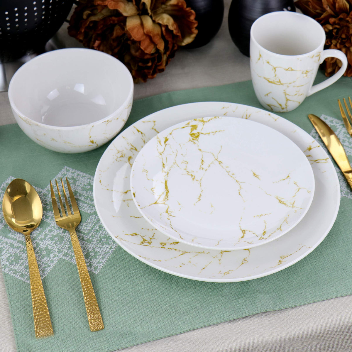 Elama Fine Marble 16-Piece Stoneware Dinnerware Set, Gold & White, Service for 4