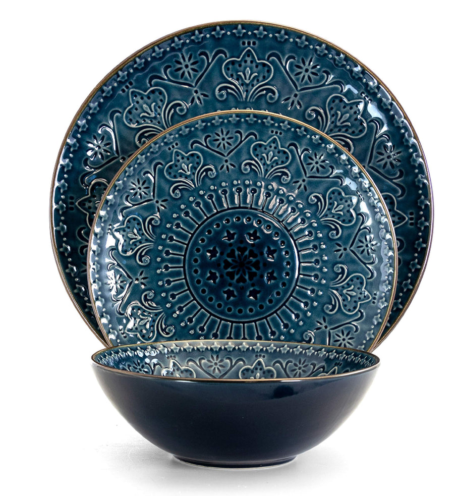 Elama Deep Sea Mozaic place setting, 11 inch dinner plate, 8.5 inch dessert plate and 7 inch bowl in sea blue glaze
