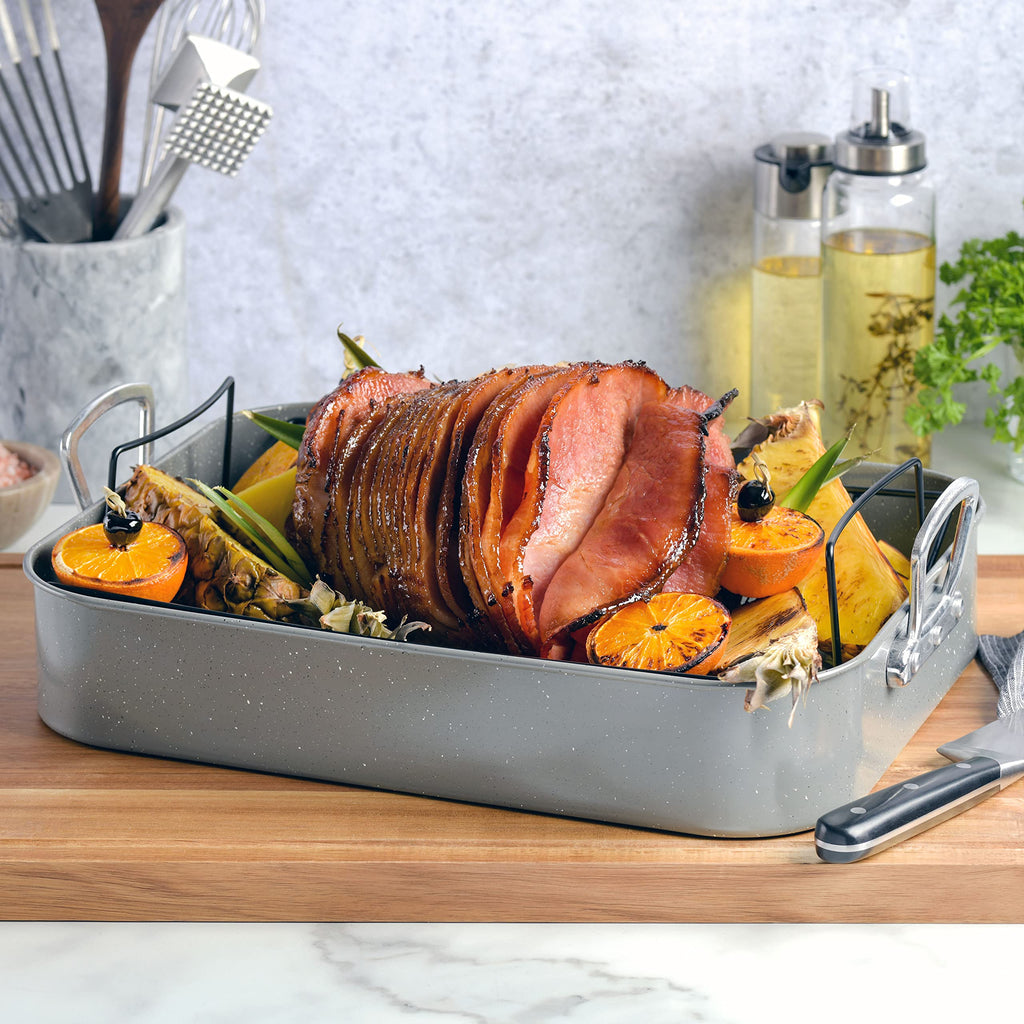 Oster Greystone 2-Piece Carbon Steel Turkey Roaster Set with V-Rack, Grey Speckle - 16.25 x 12.75 in, PFAS-Free Disclosure
