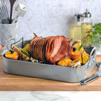 Oster Greystone 2-Piece Carbon Steel Turkey Roaster Set with V-Rack, Grey Speckle - 16.25 x 12.75 in, PFAS-Free Disclosure