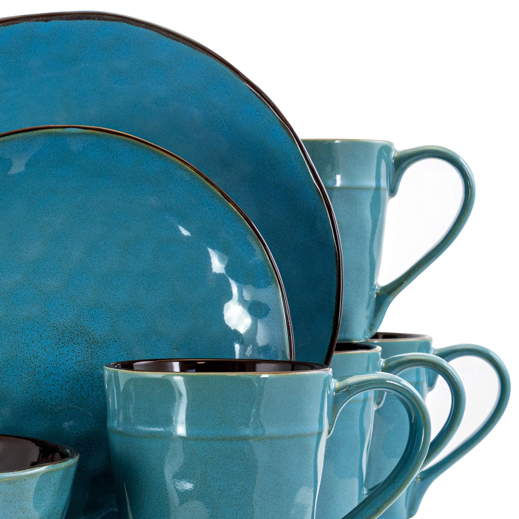 Elama Sea Glass 16-Piece Round Stoneware Dinnerware Set – Turquoise Coastal Service for 4
