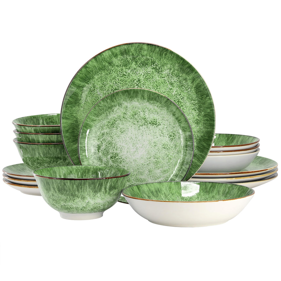 Elama Oceanus 16-piece green porcelain double bowl dinnerware set with variegated sea-green glaze, plates and two bowl sizes