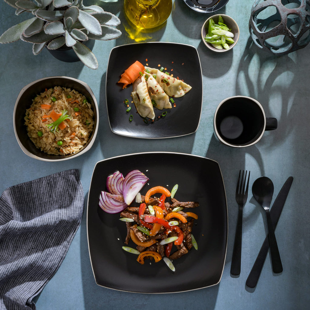 Gibson Home Soho Lounge 16-Piece Square Stoneware Dinnerware Set – Matte Black, Service for 4 (Microwave & Dishwasher Safe)
