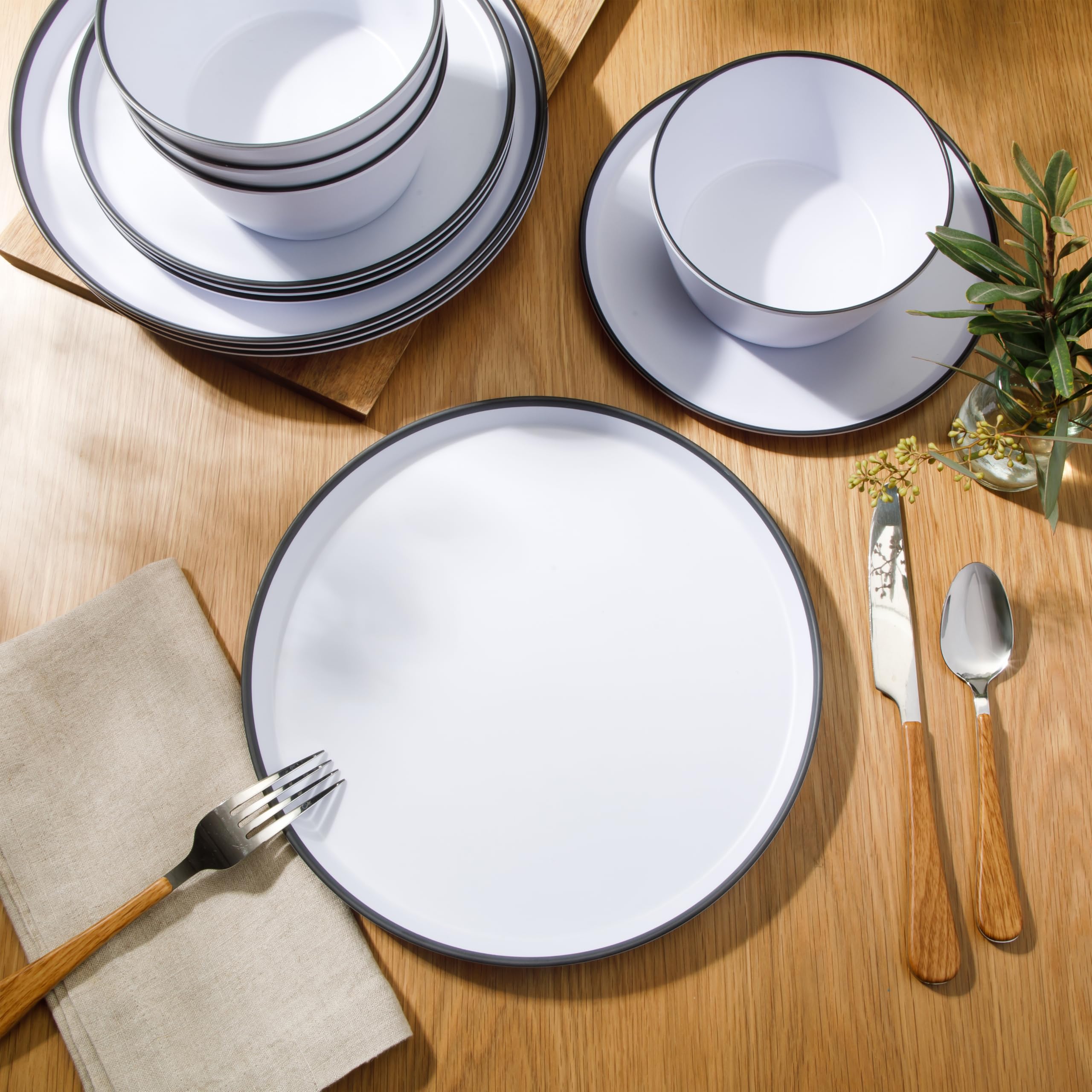 Gibson Home Folsom Shores 12-Piece Melamine Dinnerware Set, White with Black Rim, Service for 4