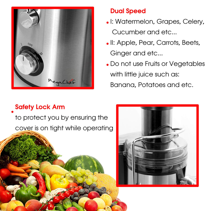 MegaChef Wide Mouth 800W Dual-Speed Centrifugal Juice Extractor, Stainless Steel, 3.5 Cup, Chrome Silver