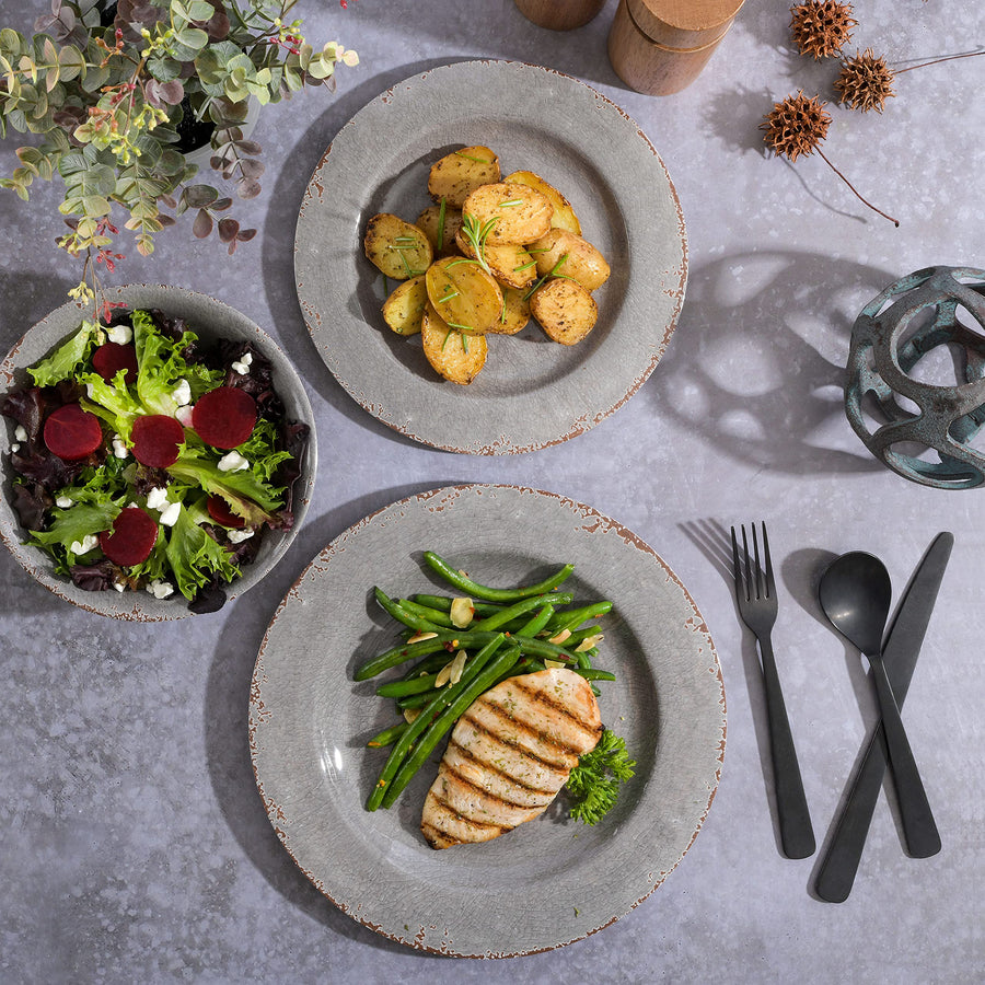 Gibson Home Mauna 12-Piece Melamine Dinnerware Set, Service for 4, Grey Rustic