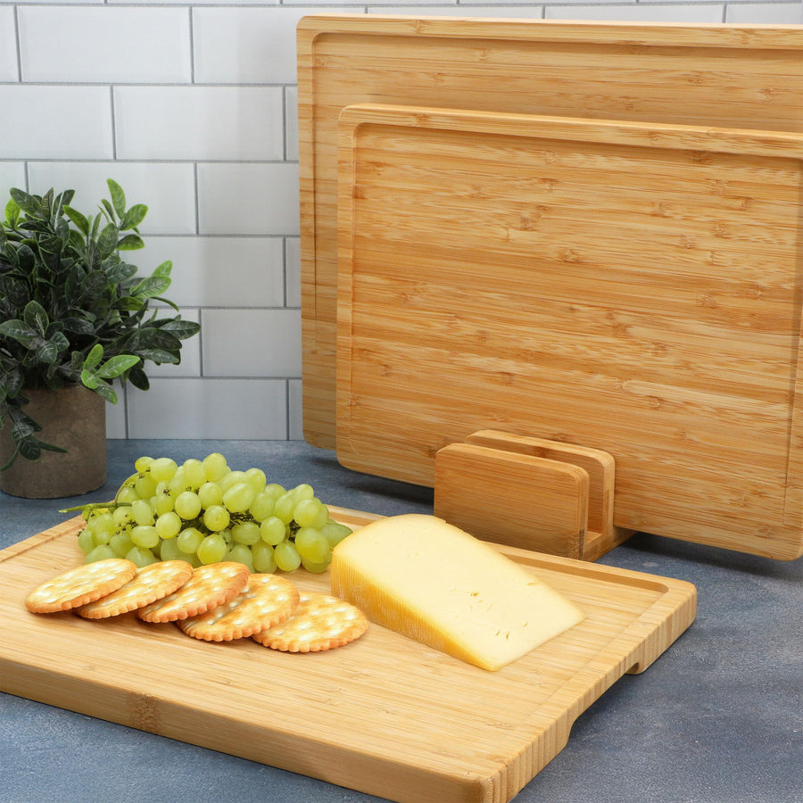 Elama 3 Piece Natural Bamboo Cutting Board Set with Upright Storage Base