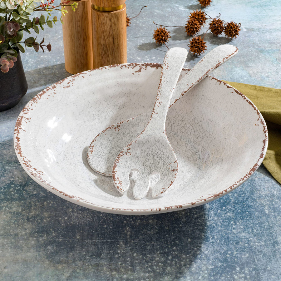 Gibson Home Mauna 3-Piece Melamine Salad Bowl Set with Servers, Ice White