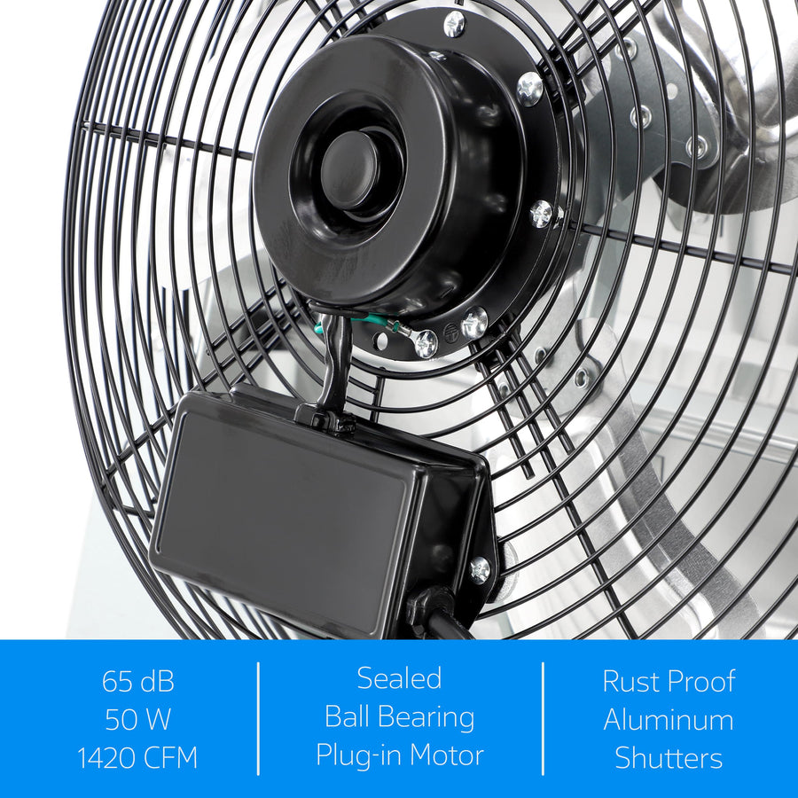 Vie Air 12 Inch Aluminum Shutter Exhaust Fan with Power Cord, Wall-Mount Ventilation, Silver
