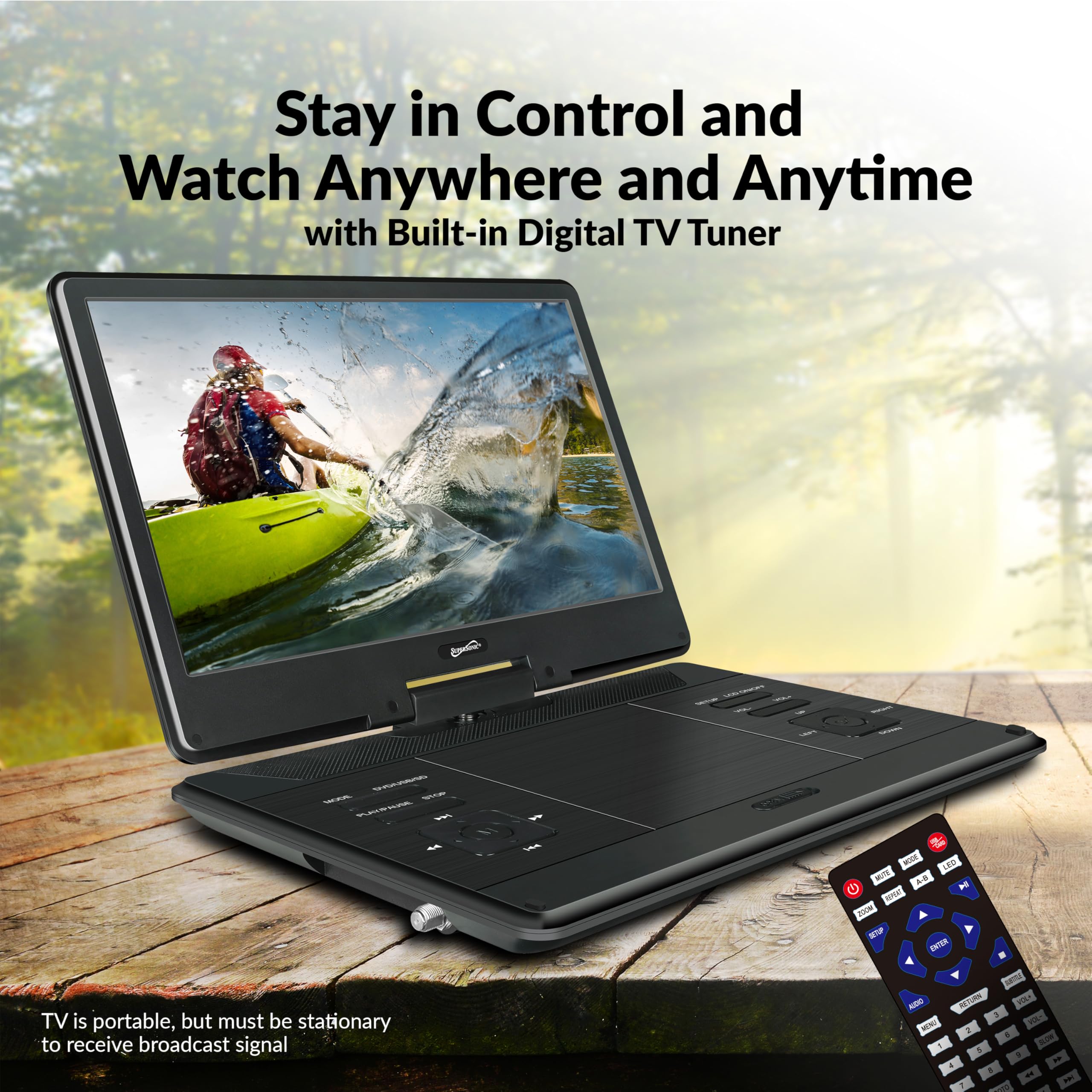 SuperSonic SC-2514 14 in Portable Swivel DVD Player with Built-In TV Tuner, USB, SD and Car Charger - Black
