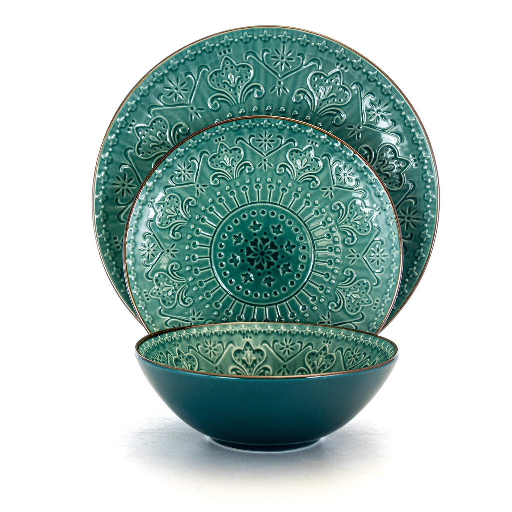 Elama Sea Foam Mozaic 16-Piece Round Stoneware Dinnerware Set – Sea Green with Embossed Mandala Texture, Service for 4