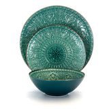 Elama Sea Foam Mozaic place setting, 11 inch dinner plate, 8.5 inch dessert plate and 7 inch bowl in sea green glaze