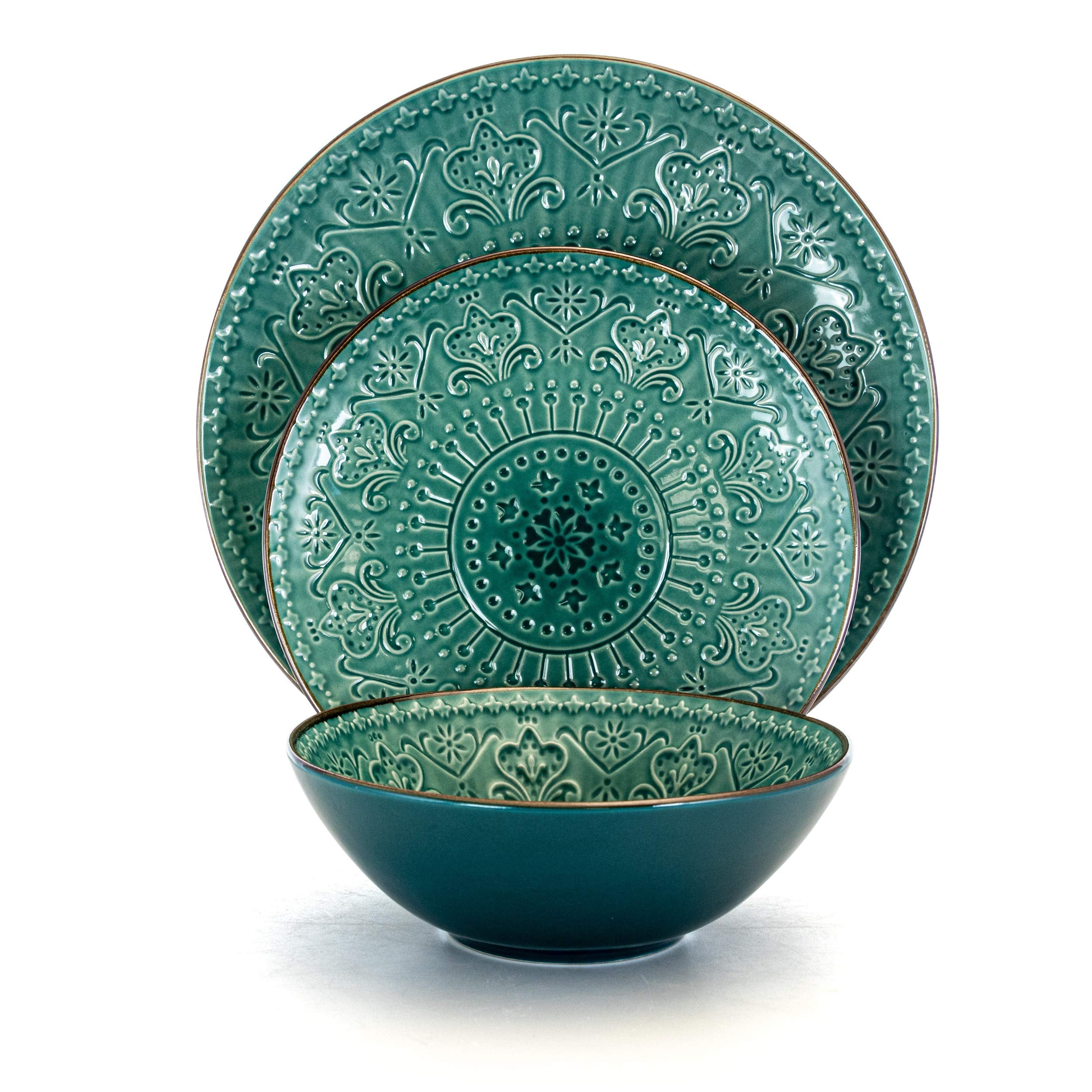 Elama Sea Foam Mozaic 16-Piece Round Stoneware Dinnerware Set – Sea Green with Embossed Mandala Texture, Service for 4