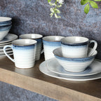 Gibson Elite Spiral Reactive 16-Pc Dinnerware Set – Blue Embossed Stoneware Service for 4, Microwave & Dishwasher Safe