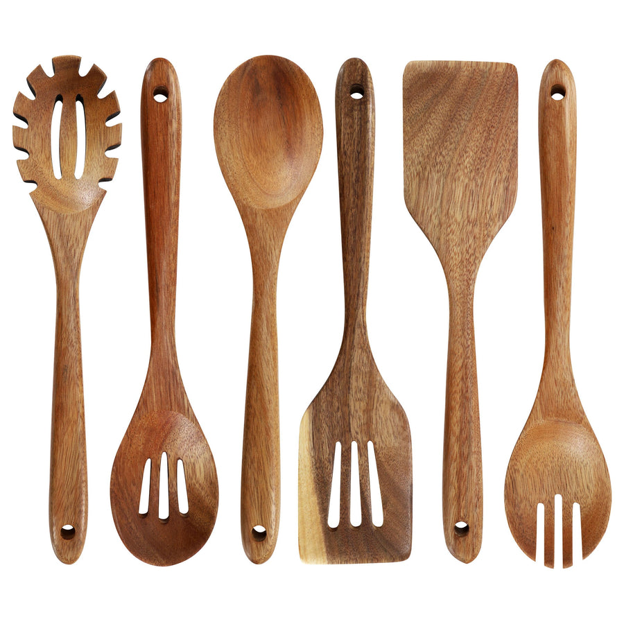 Elama 6-Piece Acacia Wood Kitchen Utensil Set, Wooden Cooking Tools, Nonstick Safe