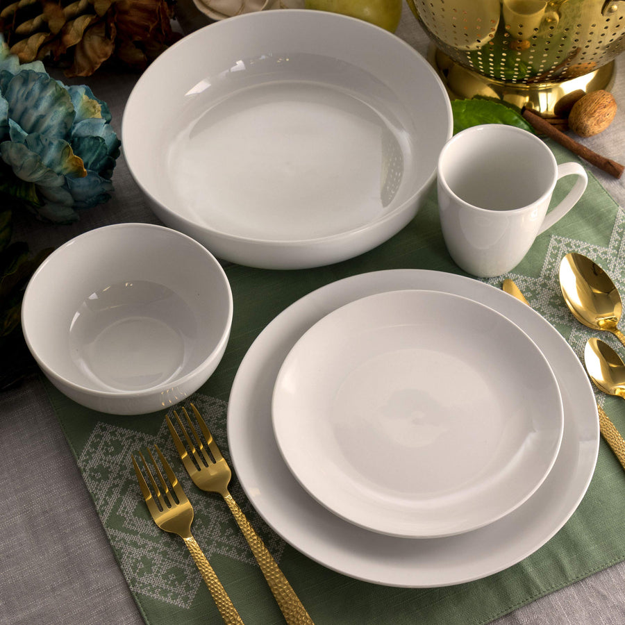 Elama Owen 18-Piece White Porcelain Dinnerware Set with 2 Serving Bowls - Service for 4