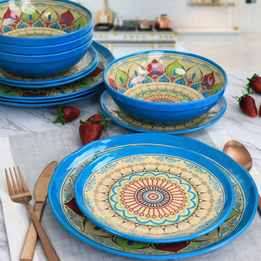 Elama Camilla 12-Piece Melamine Dinnerware Set, Service for 4, Multicolor Mandala, 11 in Dinner Plates, Shatter-Resistant, Indoor and Outdoor