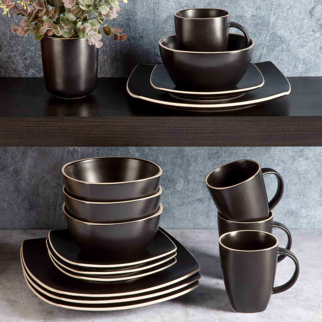 Gibson Home Soho Lounge 16-Piece Square Stoneware Dinnerware Set – Matte Black, Service for 4 (Microwave & Dishwasher Safe)