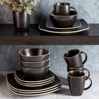 Gibson Home Soho Lounge 16-Piece Square Stoneware Dinnerware Set – Matte Black, Service for 4 (Microwave & Dishwasher Safe)