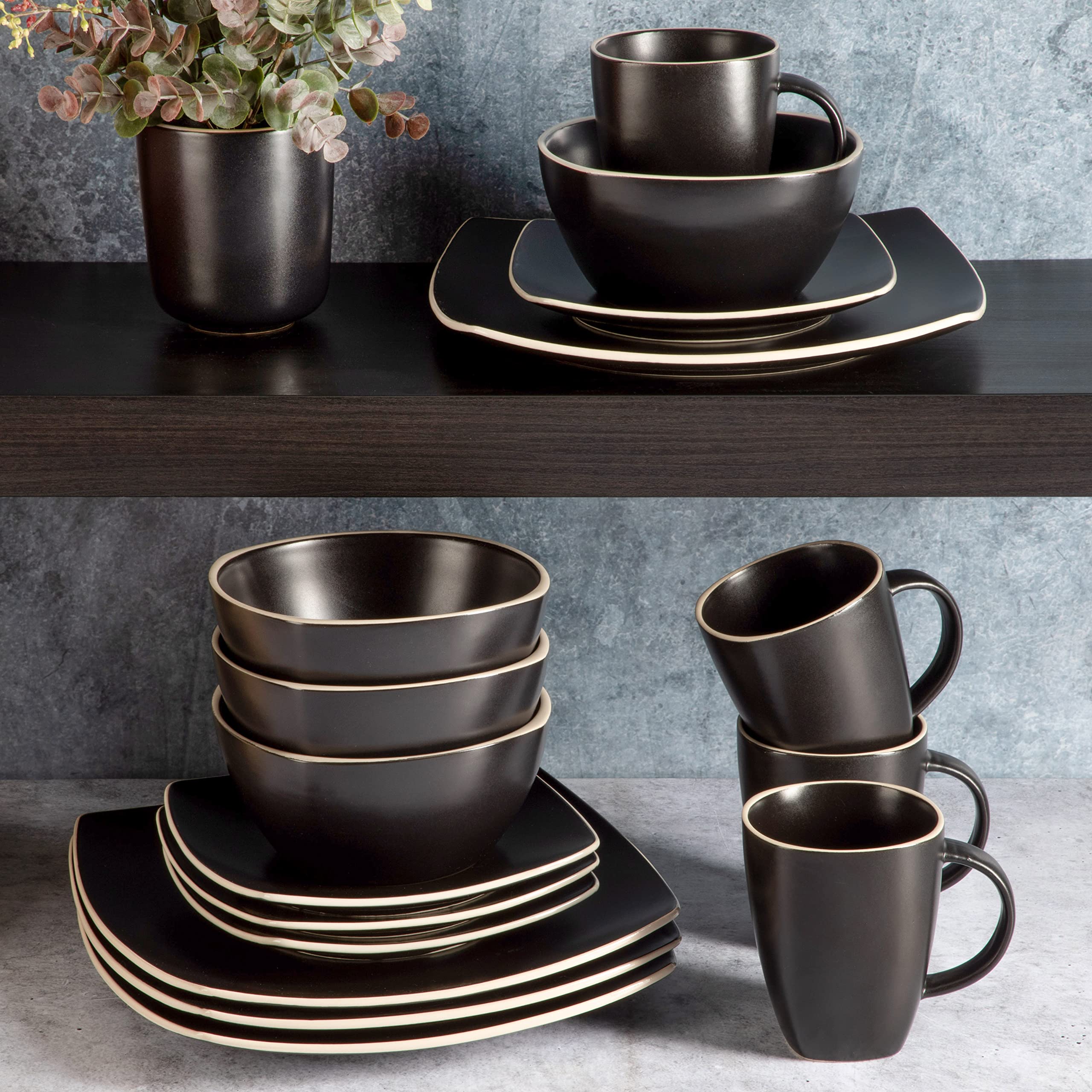 Gibson Home Soho Lounge 16-Piece Square Stoneware Dinnerware Set – Matte Black, Service for 4 (Microwave & Dishwasher Safe)