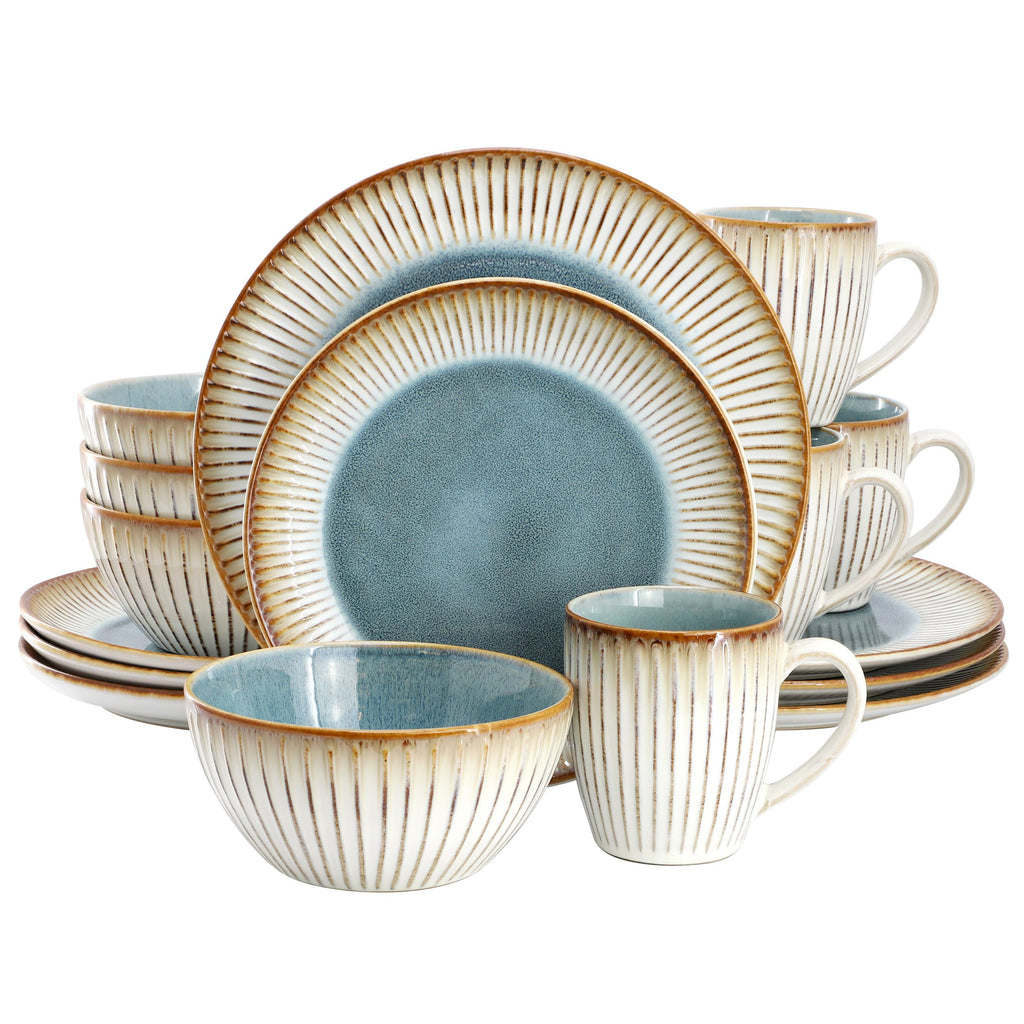 Elama Louann 16-Piece Stoneware Dinnerware Set – Textured Blue & Beige Color-Rim Place Settings, Service for 4
