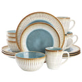 Elama Louann 16-Piece Stoneware Dinnerware Set – Textured Blue & Beige Color-Rim Place Settings, Service for 4