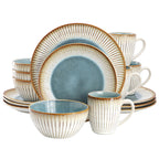 Elama Louann 16-Piece Stoneware Dinnerware Set – Textured Blue & Beige Color-Rim Place Settings, Service for 4